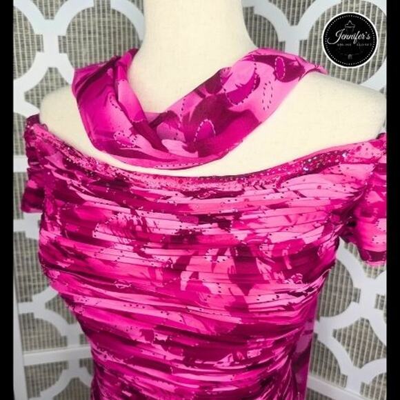 Capri by Mon Cheri Hot Pink Ruched Beaded Bodice A-Line Flared Long Dress 10/12 - Picture 2 of 14
